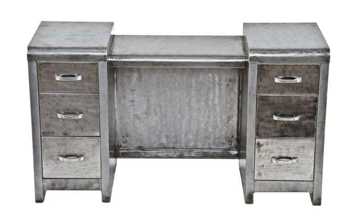 late 1930's american vintage industrial brushed cold-rolled steel vanity or lowboy with opposed multi-drawer units and center console