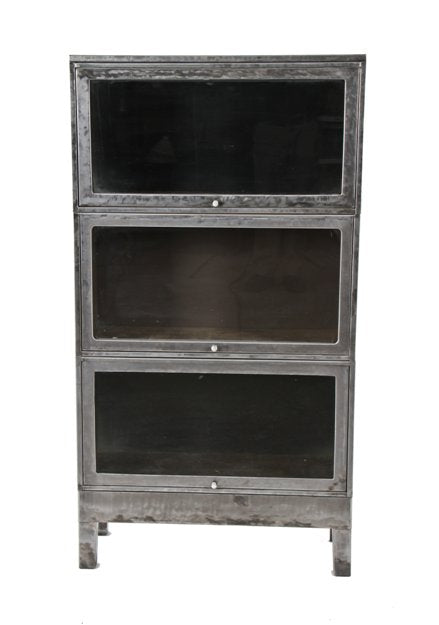original and intact c. 1940's vintage american industrial factory office stackable three-unit cold-rolled steel barrister bookcase
