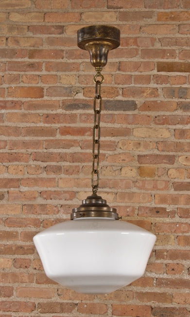 original c. 1900-10 american reliance building office interior "schoolhouse" pendant light fixture with oversized white opalescent globe