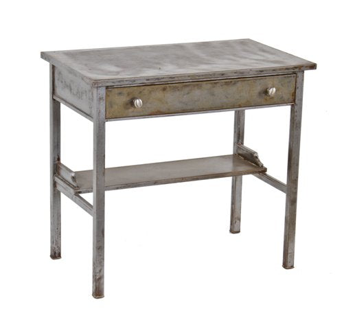 original nice-sized c. 1930's american made "simmons" steel student desk with single pull-out drawer and unusual undershelf