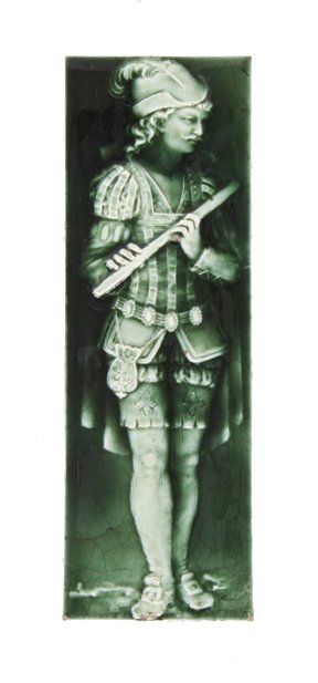 stunning 19th century american jade green majolica glazed full-figured fireplace tile depicting a court musician