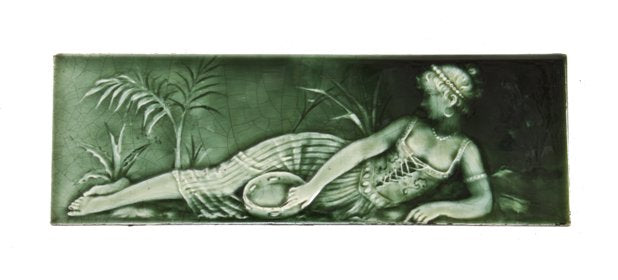 amazingly intact 19th century american victorian era jade green majolica glazed tile with a full figure female in lying down pose with musical instrument