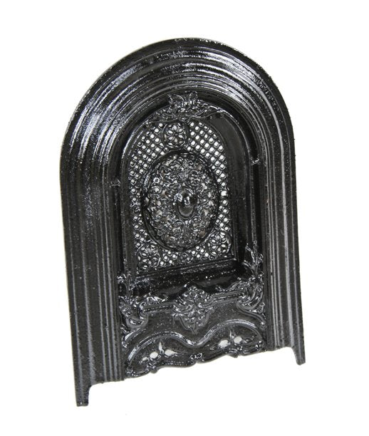exceptionally ornate 19th century american victorian era black enameled cast iron two-piece interior residential fireplace summer cover