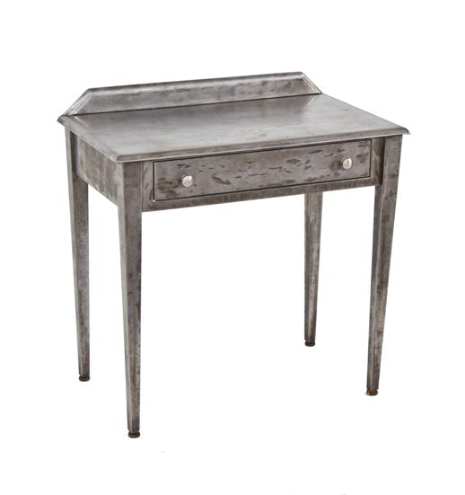 refinished c. 1930's american industrial cold-rolled steel four-legged "simmons" side table or desk with single pull-out drawer
