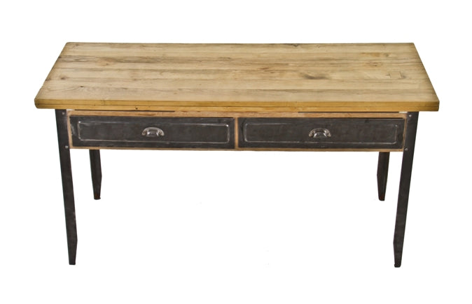 early 20th century american industrial heavy duty bakery work table with angled iron legs and solid maple wood top