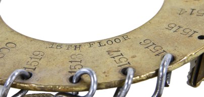 late 19th or early 20th century reliance building chief engineer "15th floor" yellow brass metal master key ring with lightly incised numbers