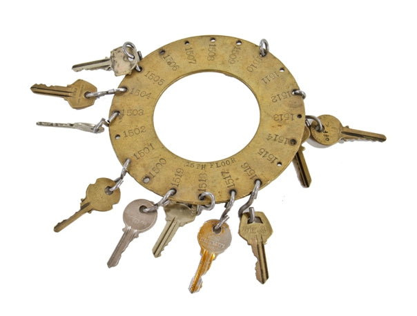 late 19th or early 20th century reliance building chief engineer "15th floor" yellow brass metal master key ring with lightly incised numbers