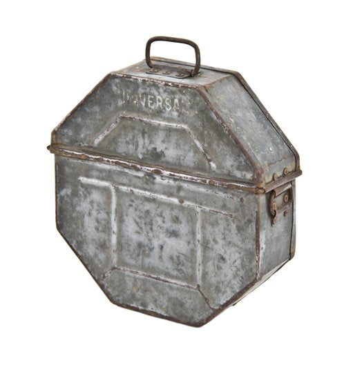 depression era american made vintage industrial reinforced steel moving picture film "universal" transport case with hinged top and carrying handle