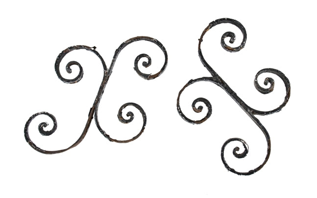 set of matching 19th century ornamental welded and formed flat stock "fish tail end" iron scroll residential window guard fragments