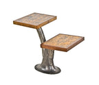 repurposed c. 1920's vintage american industrial two tier side table salvaged from an old cast iron school desk and chair pedestal base