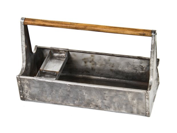 c. 1950's vintage american industrial folded and pressed brushed metal steel "tote tray" with long cylindrical wood carrying handle