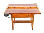 hard to find early 20th century american industrial double-sided carpenter cherry wood workbench with "rapid acting" iron vises