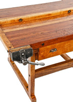 hard to find early 20th century american industrial double-sided carpenter cherry wood workbench with "rapid acting" iron vises