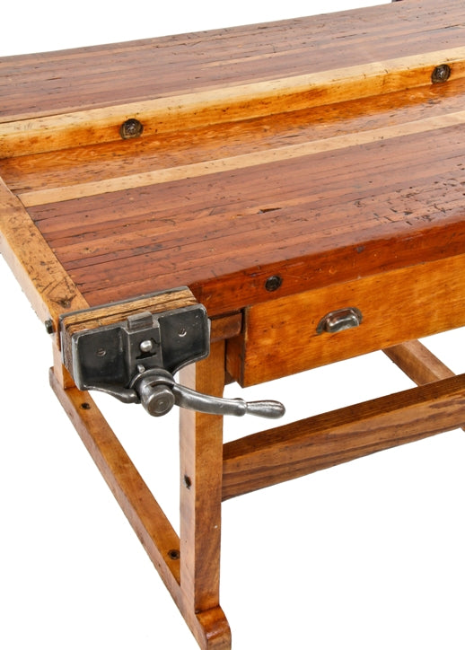 hard to find early 20th century american industrial double-sided carpenter cherry wood workbench with "rapid acting" iron vises