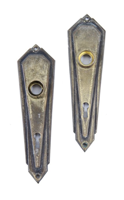 pair of matching c. 1930's american art deco machine age "stepped" pattern interior residential doorknob backplates
