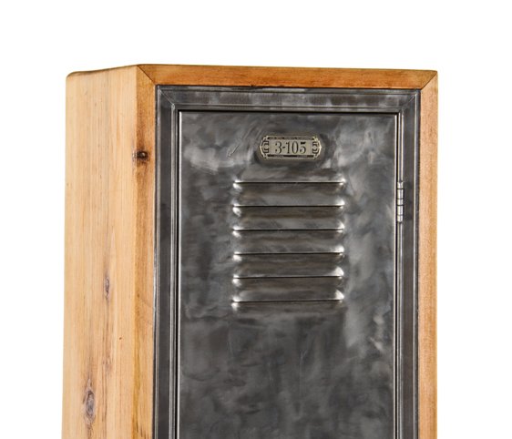 repurposed american industrial freestanding locker unit featuring a vintage brushed metal hinged door and fully enclosed cedar wood compartment