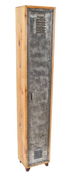 repurposed american industrial freestanding locker unit featuring a vintage brushed metal hinged door and fully enclosed cedar wood compartment