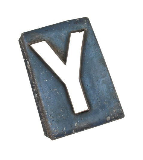 original early 20th century blue enameled pressed and folded exterior galvanized tin theater marquee letter sign