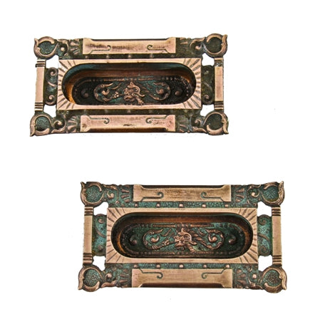 matching set of late 19th century american art nouveau style ornamental cast bronze "columbian" pattern window sash lifts