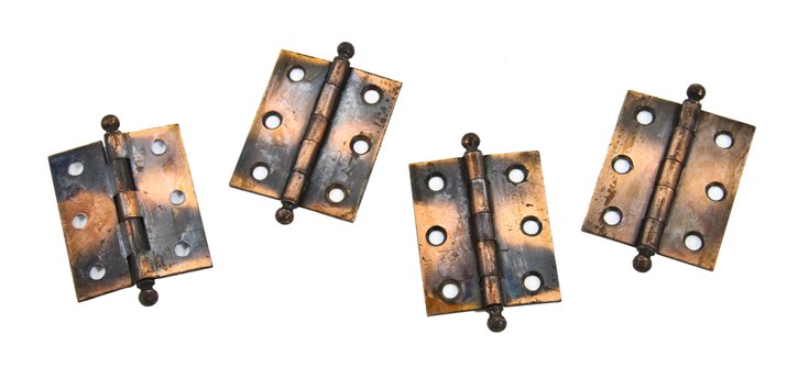 four matching early 20th century american antique residential cabinet door ball finial hinges with oxidized copper-plated finish