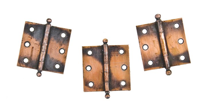 three original early 20th century american antique solid steel residential cabinet door oxidized copper hinges with ball finials