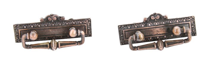 matching set of c. 1900's american antique ornamental cast iron residential cabinet drawer pulls with intact drop handles