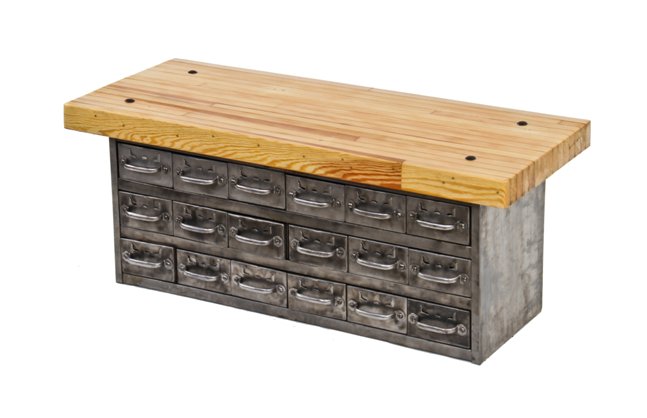 repurposed vintage american industrial coffee table consisting of a douglas fir wood bowling alley tabletop and compartmentalized metal cabinet base