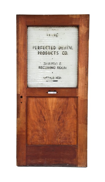 c. 1895 original and intact mahogany wood interior reliance building office door with textured glass inset containing hand-painted black lettering