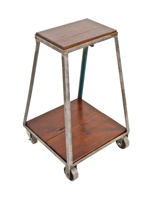 early 1950's vintage american industrial custom-built two tier welded joint angled steel mobile factory cart with walnut wood inlay