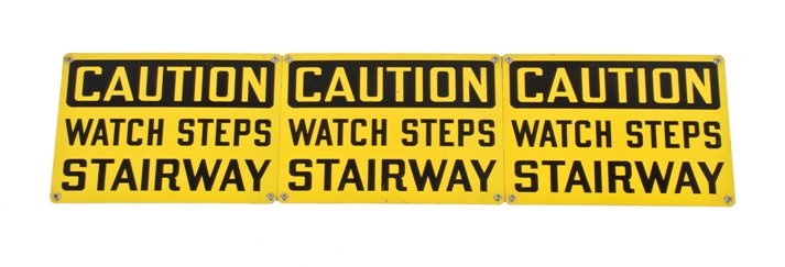 three matching brightly colored single-sided die cut steel hospital boiler room "watch steps" cautionary or danger signs