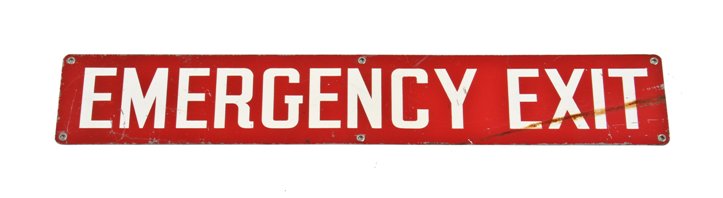 c. 1950's single-sided vintage industrial baked enameled general electric factory "emergency exit" informational wall-mount sign