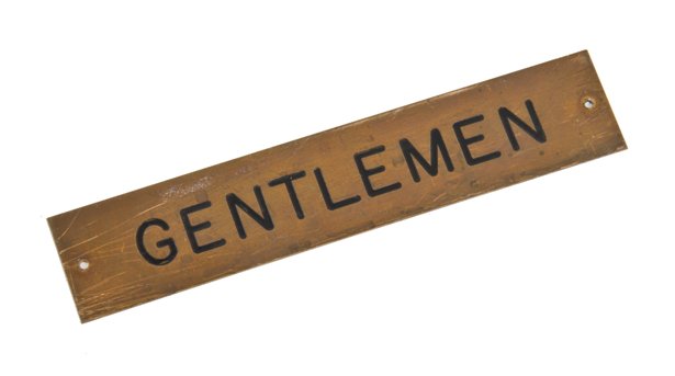 original c. 1950's american single-sided chicago bank building "gentlemen" lavatory flush mount sign with black lettering