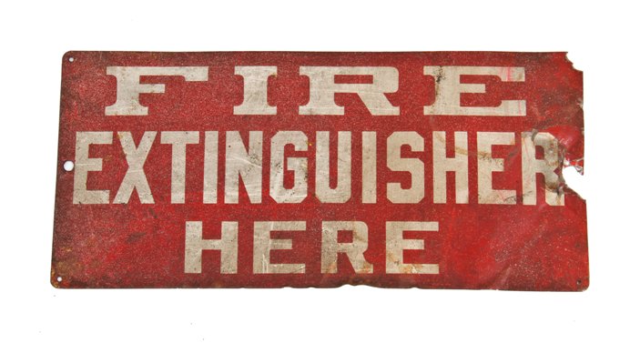 c. 1940's single-sided american industrial worn and weathered "fire extinguisher here" wall-mount enameled tin metal sign