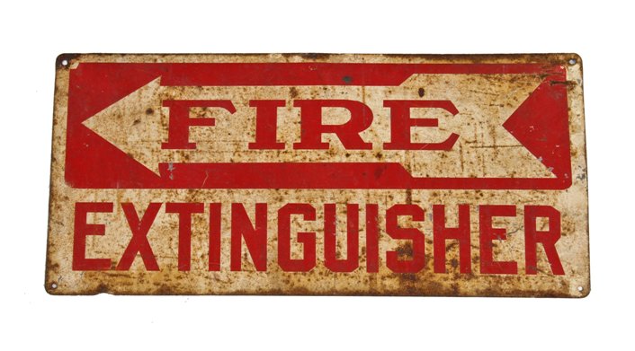 weathered and worn c .1940's vintage industrial "fire extinguisher" single-sided enameled tin sign with directional arrow