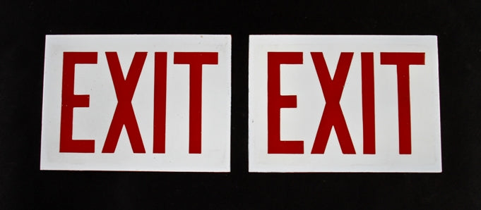 matching set of original c. 1930's new old stock heavy gauge die cut steel porcelain enameled "exit" signs with red lettering