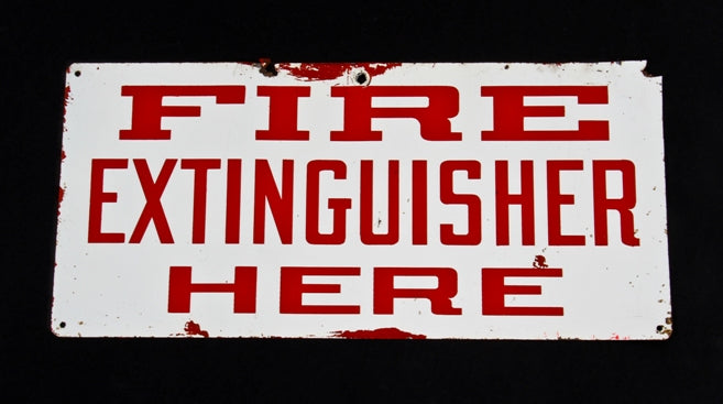 original c. 1940's vintage american industrial single-sided "fire extinguisher here" baked enameled tin metal factory sign