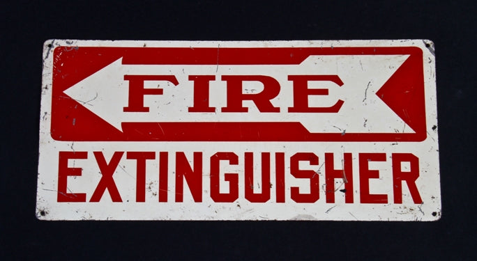 original vintage american industrial single-sided die cut steel "fire extinguisher" factory flush mount sign with directional arrow