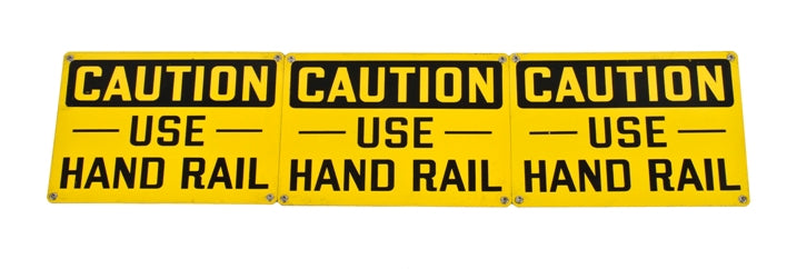 set of three matching vintage american industrial hospital powerhouse "use hand rail" cautionary die cut steel signs