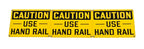 set of three matching vintage american industrial hospital powerhouse "use hand rail" cautionary die cut steel signs