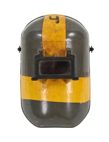 c. 1950's vintage american industrial machine shop molded fiberglass welding helmet with intact hinged eye shield