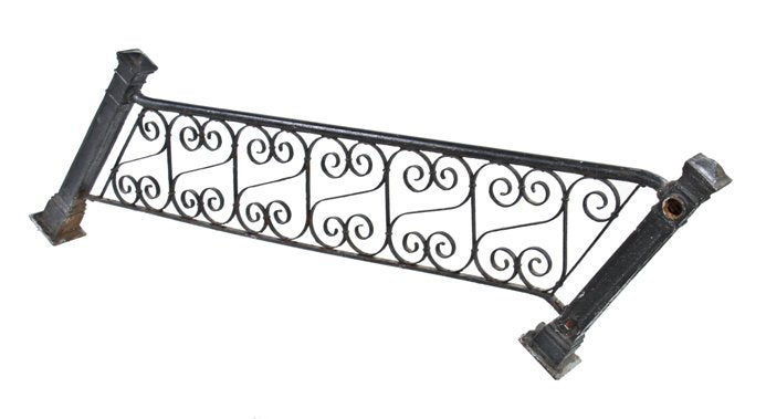 original baked black c. late 19th century american late victorian era ornamental iron exterior residential balustrade with flanking cast iron newel posts