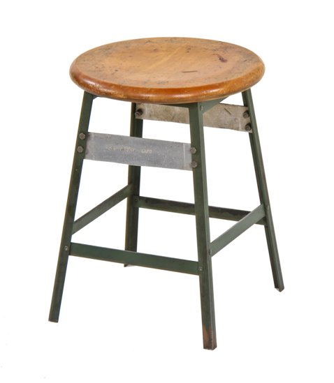 single low-lying vintage american industrial "pollard green" enameled angled steel factory tool crib stationary stool