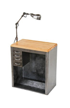 repurposed late 1940's vintage american industrial garment factory workstation with maple wood top and articulating arm task lamp
