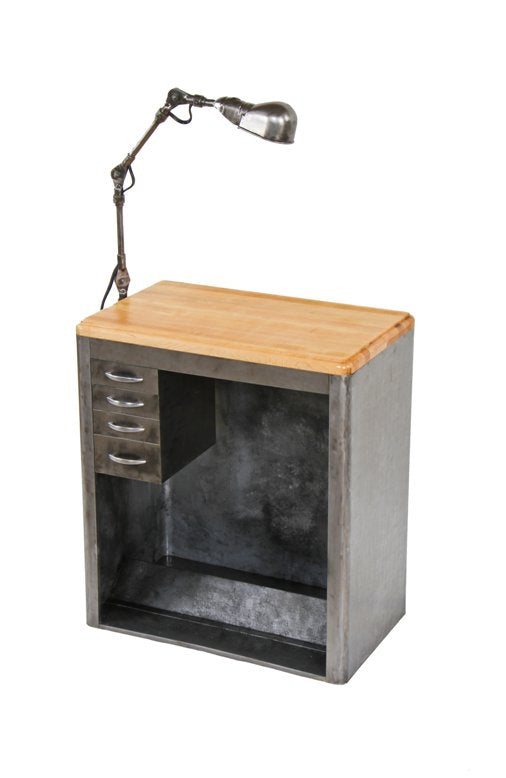 repurposed late 1940's vintage american industrial garment factory workstation with maple wood top and articulating arm task lamp
