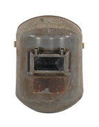 original and largely intact vintage american industrial factory machine shop welding helmet with patented hinged eye shield