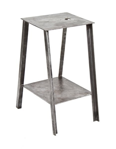 unusual c. 1930's american depression era industrial custom-built reinforced four-legged angled steel two tier work station with brushed metal finish