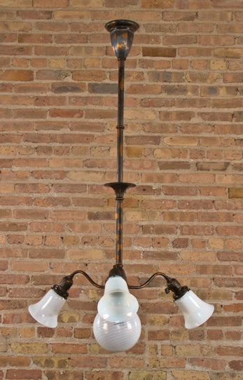 original early electric antique american oxidized copper doctor's office ceiling light fixture with white opalescent art glass shades