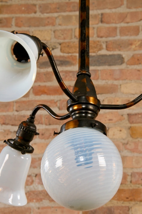 original early electric antique american oxidized copper doctor's office ceiling light fixture with white opalescent art glass shades