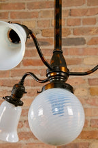 original early electric antique american oxidized copper doctor's office ceiling light fixture with white opalescent art glass shades