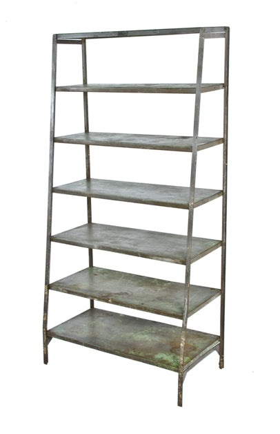 c. 1940's oversized freestanding pressed and folded heavy gauge steel multi-tier shelving unit with old green paint finish